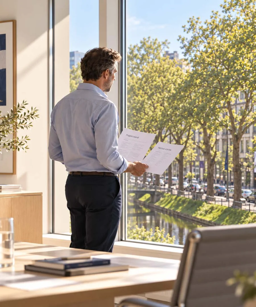 Mann mit Unterlagen am Fenster