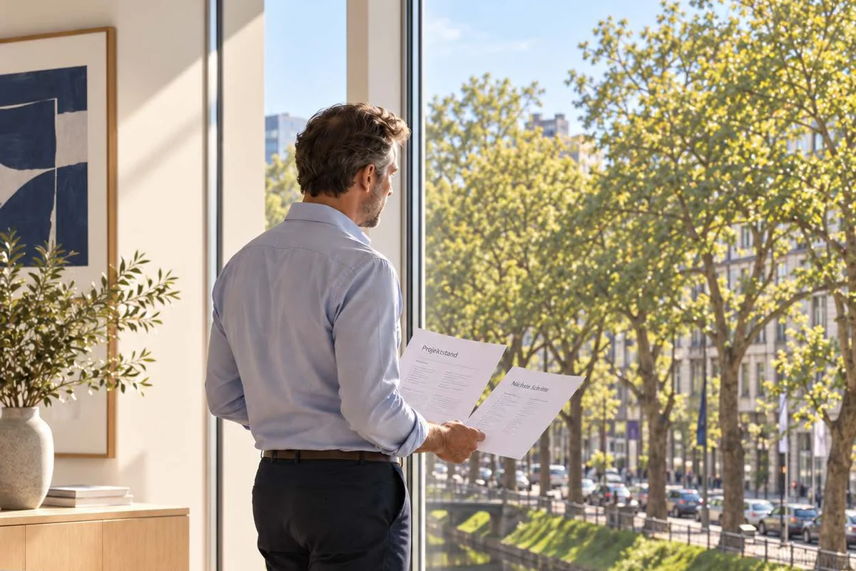 Mann mit Unterlagen am Fenster